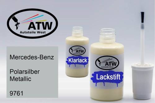 Mercedes-Benz, Polarsilber Metallic, 9761: 20ml Lackstift + 20ml Klarlack - Set, von ATW Autoteile West.